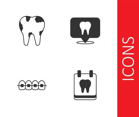 Set Calendar with tooth, Broken, Teeth braces and Dental clinic location icon Stock Illustration