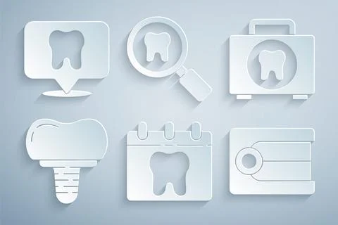 Set Calendar with tooth, First aid kit, Dental implant, Dentures model, search Stock Illustration