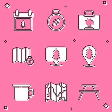 Set Calendar with tree, Compass, First aid kit, Location of the forest on map Illustrazione stock