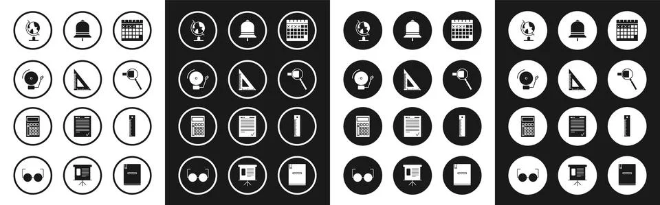 Set Calendar, Triangular ruler, Ringing alarm bell, Earth globe, Magnifying Illustrazione stock