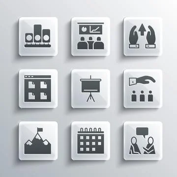 Set Calendar, Two sitting men talking, Boss with employee, Chalkboard, Mountains Stock Illustration