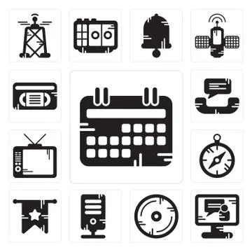 Set of Calendar, Video call, Compact disc, Server, Banner, Compass, Televisio Free Stock Illustration