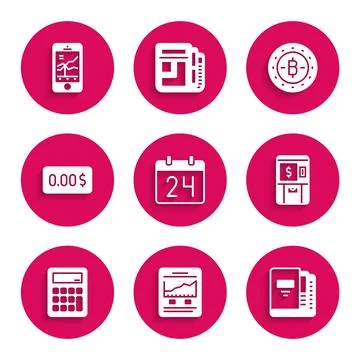 Set Calendar, Website with growth graph, Office folders, ATM and money, Cal.. Stock Illustration