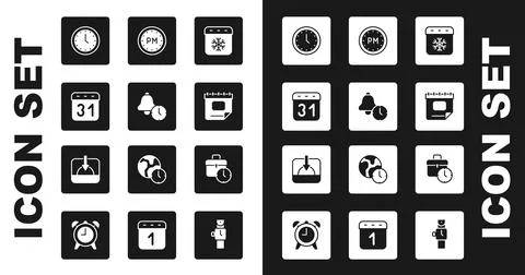 Set Calendar winter, Alarm clock, Clock, Day time, Work and Sunset icon. Vect Stock Illustration