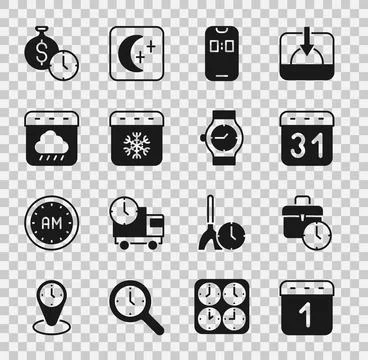 Set Calendar, Work time, Alarm clock app mobile, winter, autumn, Time is mo.. Stock Illustration