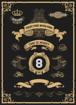 Set of calligraphic design elements: Heraldry, labels, banners, baroque frame Stock Illustration