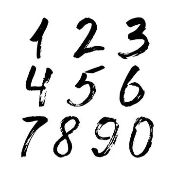 Set of calligraphic numbers painted by black brush on isolated white backgrou Stock Illustration