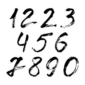 Set of calligraphic numbers painted by black brush on isolated white backgr.. Stock Illustration