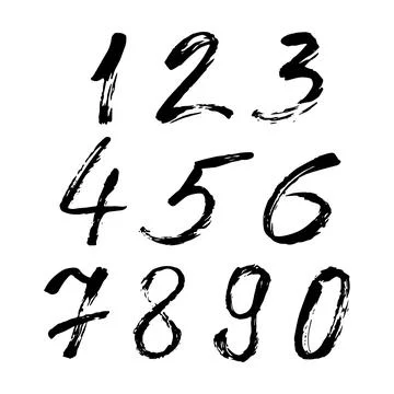 Set of calligraphic numbers painted by black brush on isolated white backgr.. Stock Illustration