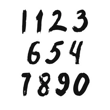 Set of calligraphic numbers painted by black brush on isolated white background Stock Illustration