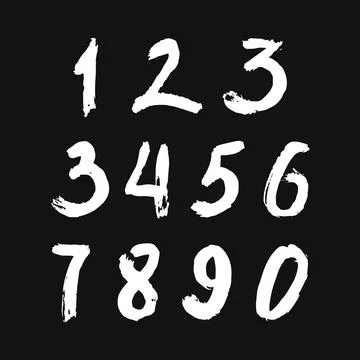 Set of calligraphic numbers painted by white brush on isolated black background Stock Illustration