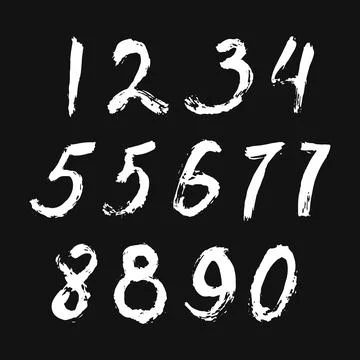 Set of calligraphic numbers painted by white brush on isolated black background Stock Illustration