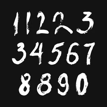 Set of calligraphic numbers painted by white brush on isolated black background Stock Illustration