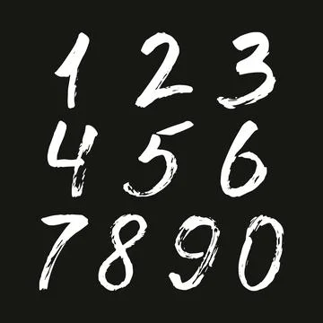 Set of calligraphic numbers painted by white brush on isolated black background Stock Illustration