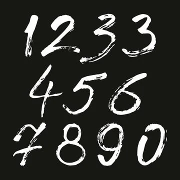 Set of calligraphic numbers painted by white brush on isolated black background Stock Illustration