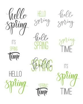 Set of calligraphic signs. "Hello spring" phrase Illustrazione stock