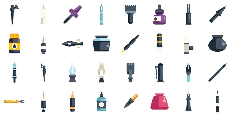 Set of calligraphy tools, ink pens and bottles for drawing and writing Stockillustratie
