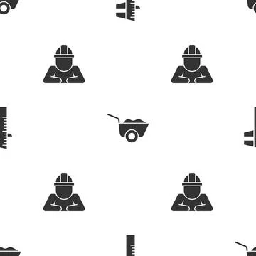 Set Calliper or caliper and scale, Wheelbarrow and Builder on seamless pattern Stock Illustration