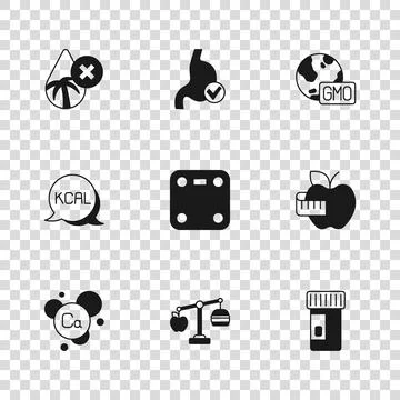 Set Calorie calculator, Apple and measuring tape, Vitamins, Bathroom scales.. Stock Illustration
