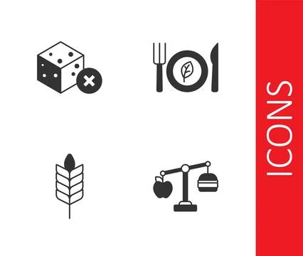 Set Calorie calculator, No sugar free, Wheat and Vegan food diet icon. Vector Stock Illustration