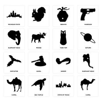 Set of camel, state texas, shrimp, mistletoe, tank top, elephant head, beehiv Illustrazione stock gratuita