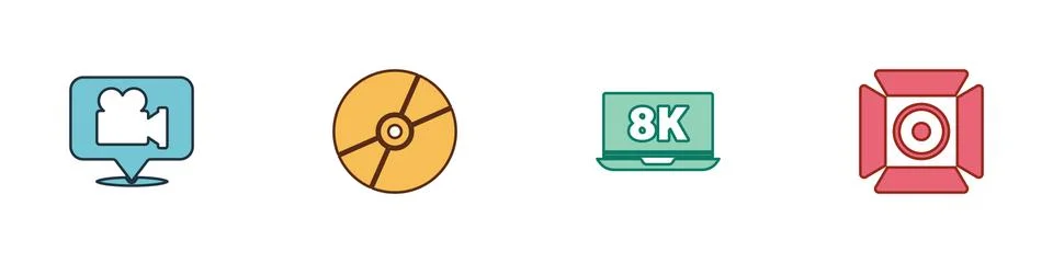 Set Camera and location, CD or DVD disk, Laptop with 8k and Movie spotlight icon Stock Illustration
