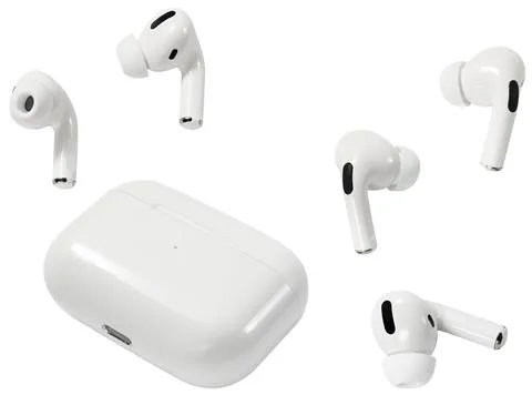 Set of camera angles with white compact wireless headphones and a charging box   Stock Photos