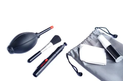 A set of camera cleaning kit including blower, soft brush, lens pen, microfiber  Stock Photos