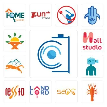 Set of camera, crawfish, sax, landlord, , cameraman, mountain lion, nail stud Illustrazione stock gratuita