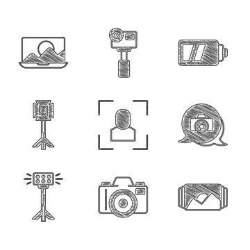 Set Camera focus frame line, Photo camera, Studio light bulb softbox, Battery 库存插图