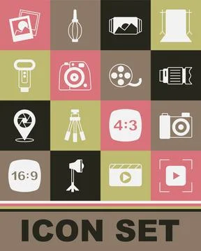 Set Camera focus frame line, Photo camera, photo lens, flash, and Film reel icon Stock Illustration