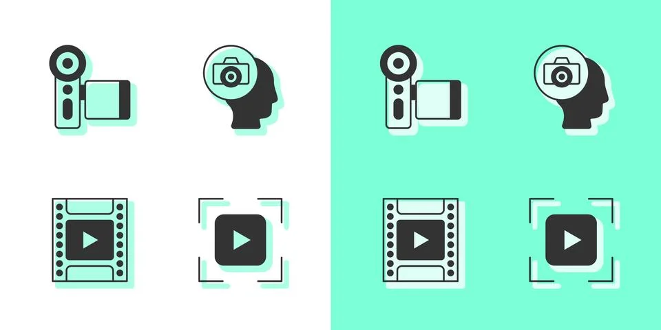 Set Camera focus frame line, Cinema camera, film roll cartridge and Photo icon Stock-Illustration