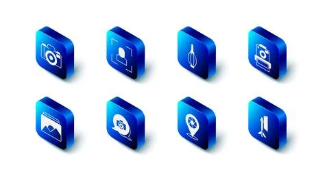 Set Camera focus frame line, Dust blower, Photo camera, Studio light bulb Stock-Illustration