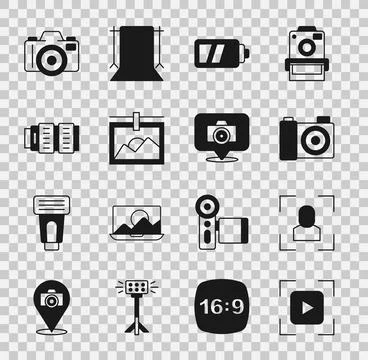 Set Camera focus frame line, Photo camera, Battery for, photo lens, and icon Stock Illustration