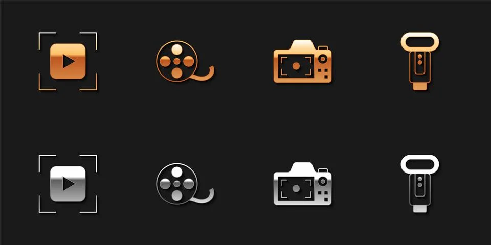 Set Camera focus frame line, Film reel, Photo camera and flash icon. Vector Illustrazione stock