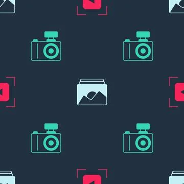 Set Camera focus frame line, Photo and camera on seamless pattern. Vector Illustrazione stock