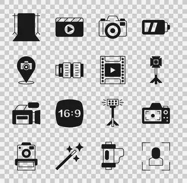 Set Camera focus frame line, Photo camera, Studio light bulb softbox, photo.. Stock Illustration