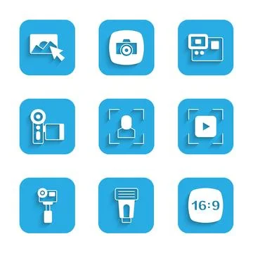 Set Camera focus frame line, Photo camera flash, 16, Action extreme, Cinema.. Stock-Illustration