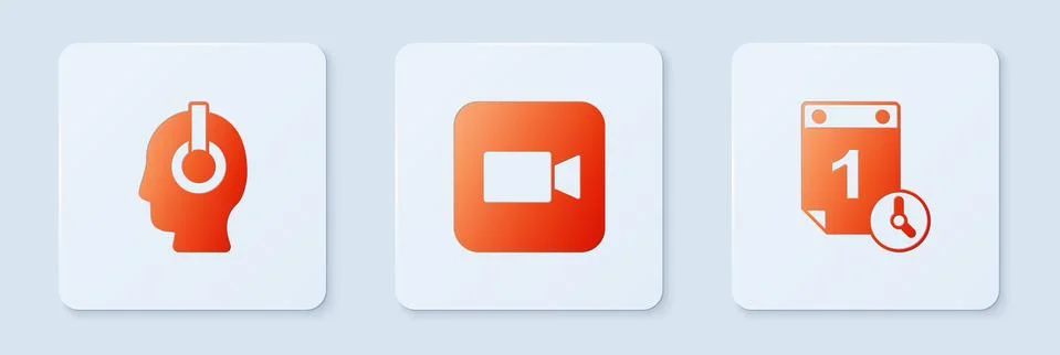 Set Camera, Freelancer and Time management. White square button. Vector Stock Illustration