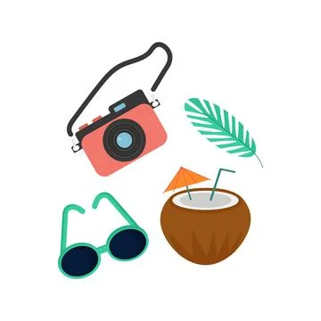 Set of camera, glasses, coconut and palm branch Stock Illustration