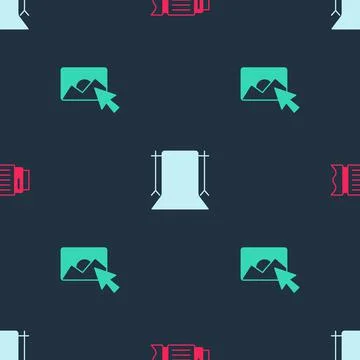 Set Camera photo lens, Empty studio and Photo retouching on seamless pattern Stockillustratie
