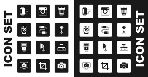 Set Camera photo lens, USB cable cord, Photo camera, roll cartridge, Softbox Stock Illustration