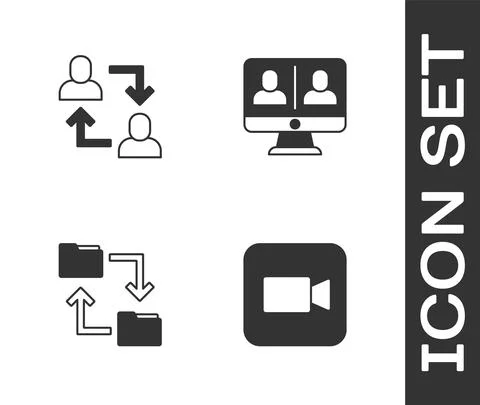 Set Camera, Project team base, Cloud storage document folder and Video chat Stock Illustration