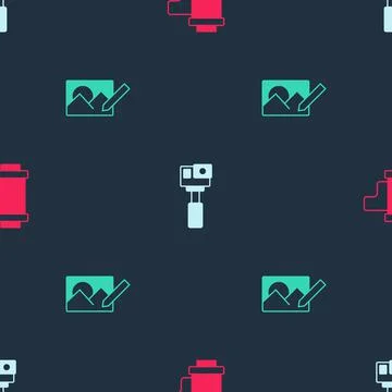 Set Camera roll cartridge, Action camera and Photo retouching on seamless 스톡 일러스트