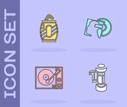 Set Camera roll cartridge, Soda can with straw, Vinyl player and disk icon... Stock Illustration