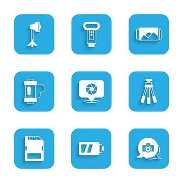 Set Camera shutter, Battery for camera, Photo, Tripod, SD card, film roll c.. Иллюстрация