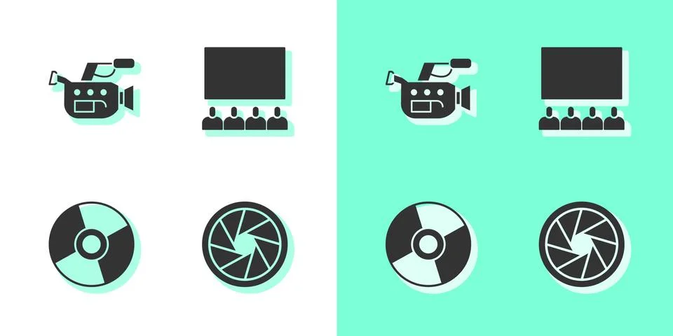 Set Camera shutter, Cinema camera, CD or DVD disk and auditorium with screen Stock Illustration