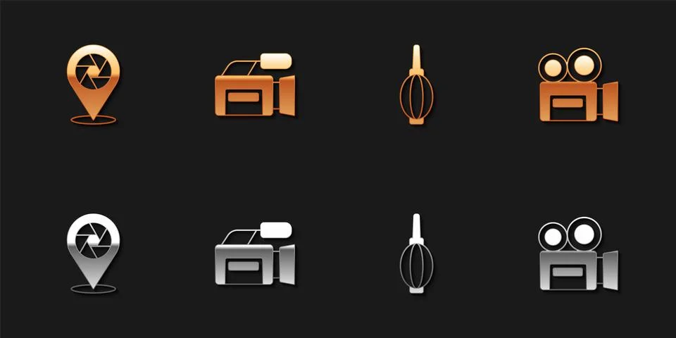 Set Camera shutter, Cinema camera, Dust blower and Retro cinema icon. Vector Illustrazione stock