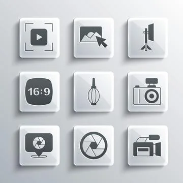 Set Camera shutter, Cinema camera, Photo, Dust blower, frame 16, focus line and Stock Illustration