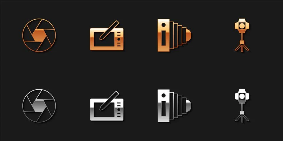 Set Camera shutter, Graphic tablet, Photo camera and Softbox light icon. Vector Illustrazione stock